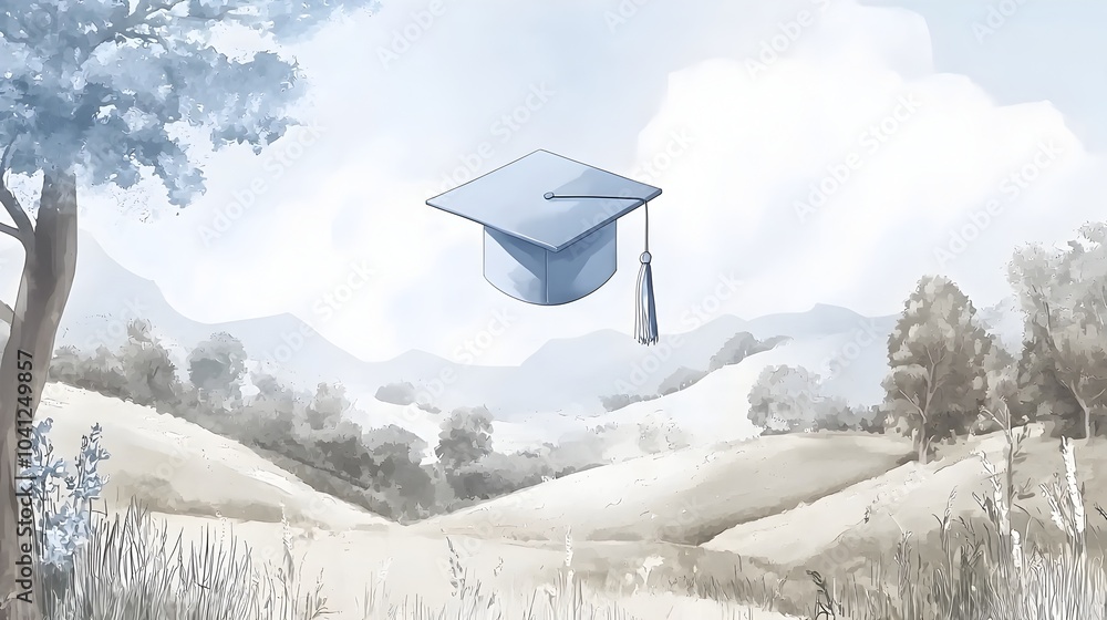 Fototapeta premium Graduation cap levitating above a stunning expansive holographic landscape symbolizing academic achievement success and the boundless potential of the future