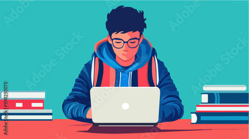 Illustration of the concept student. Teenager studying at the university.