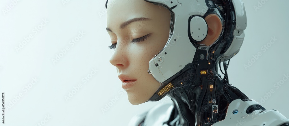 Close-up of a female cyborg with a white helmet and a soft expression. Close-up of a female cyborg with a white helmet and a soft expression.