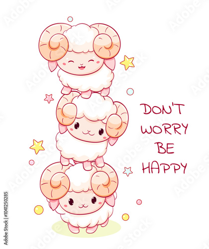 Stack of cute little sheep in kawaii style. Three tiny lambs playing. Inscription Don't worry be happy. Can be used for childish t-shirt print, sticker, greeting card. Vector illustration EPS8