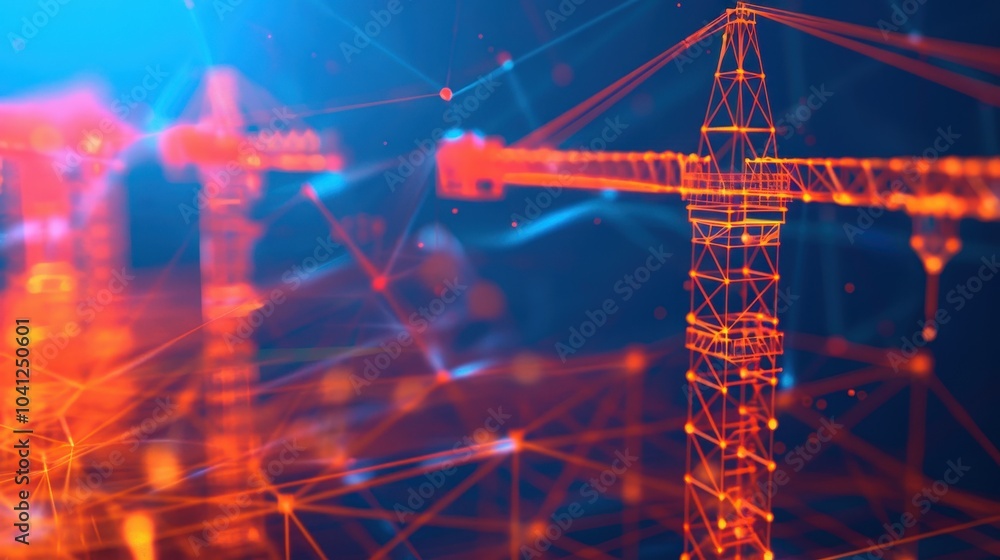 Modern construction site, bustling with tower cranes, depicted in a low poly wireframe style, featuring geometric polygons, intricate lines, dynamic particles, and interconnected dots. Modern construction site, bustling with tower cranes, depicted in a low poly wireframe style, featuring geometric polygons, intricate lines, dynamic particles, and interconnected dots.
