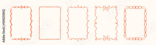 Set of hand drawn vintage frames with wavy lines, bows and ribbons. Minimalist doodle vector borders. Modern swirls frames for wedding invitations, birthday card, social media decoration template.