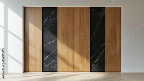 Wooden wardrobe with black marble doors in scandinavian style interior design of modern bedroom.
 photo