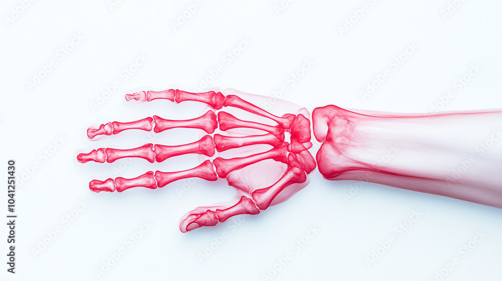 Transparent human skeletal hand in a striking red hue against a plain white isolated background, showcasing details of bone structure. Transparent human skeletal hand in a striking red hue against a plain white isolated background, showcasing details of bone structure.