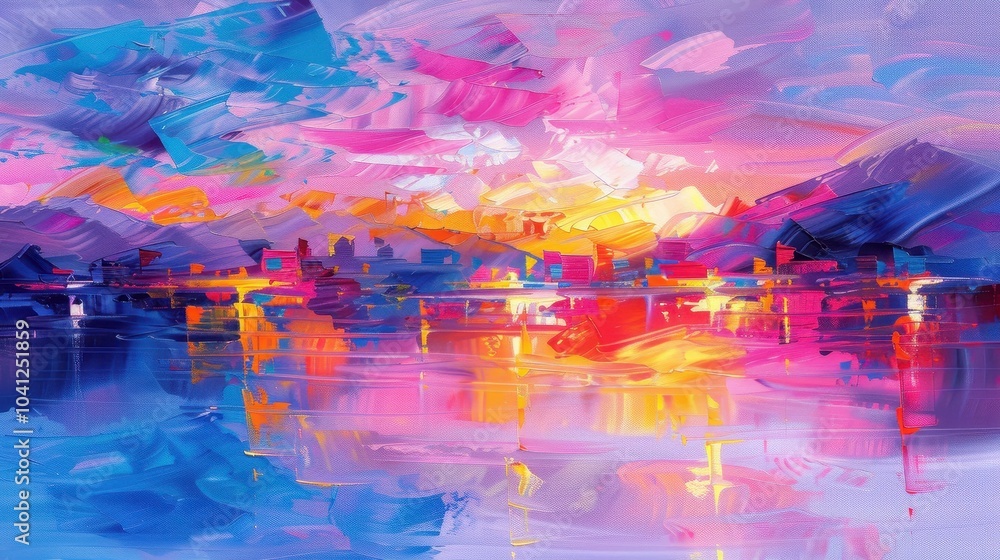 Obraz premium Coastal Cityscape, vibrant digital artwork blending serene sea views with dynamic urban elements, perfect for enhancing wall art and home decor.