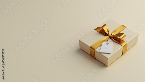 A wrapped present with a golden ribbon and a gift tag rests on a beige background, evoking the joy and anticipation of holiday gift-giving and celebrations. 3D illustration photo