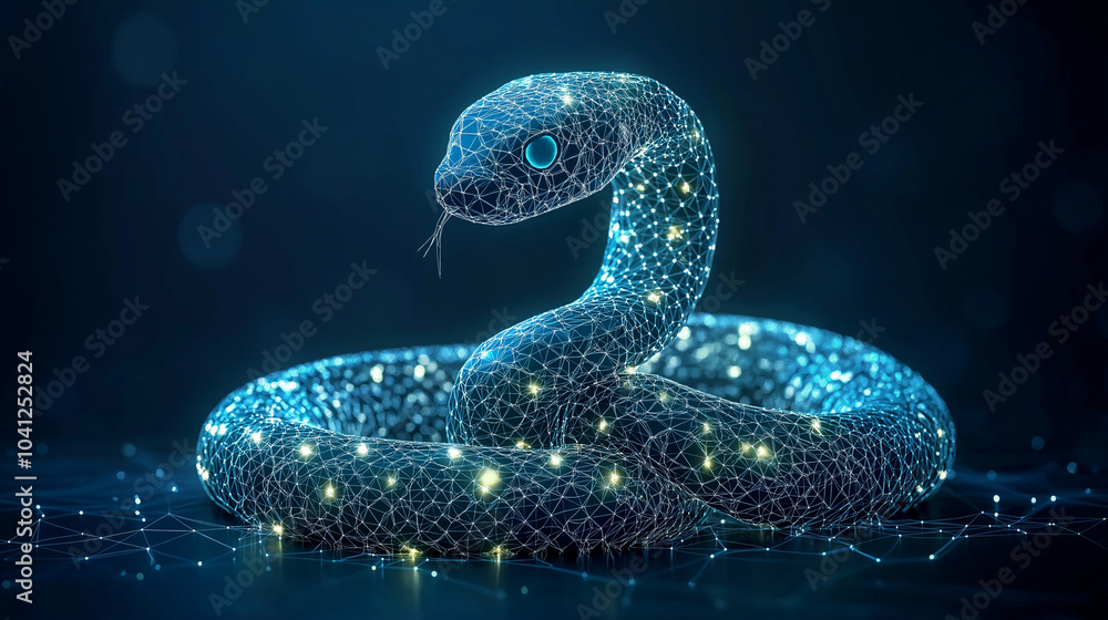Futuristic wireframe snake design with glowing lights on a dark background Futuristic wireframe snake design with glowing lights on a dark background