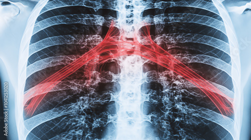 A detailed anatomical illustration of human lungs showcasing intricate structures and vascular connections, emphasizing the respiratory system. photo