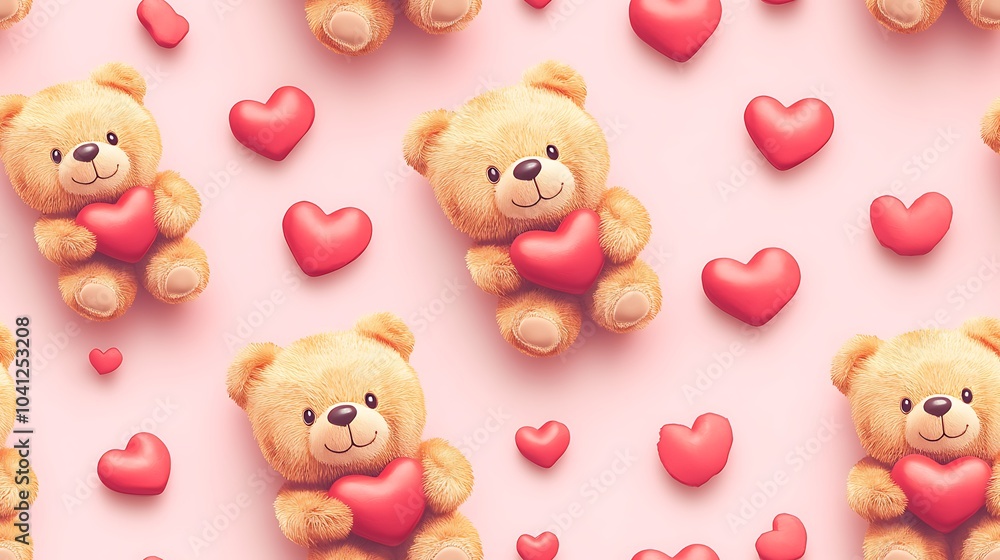 Seamless pattern of cute teddy bears holding hearts, realistic style, soft brown fur and vibrant red hearts, on a pastel pink background, playful and adorable, hd quality, high contrast, Seamless pattern of cute teddy bears holding hearts, realistic style, soft brown fur and vibrant red hearts, on a pastel pink background, playful and adorable, hd quality, high contrast,