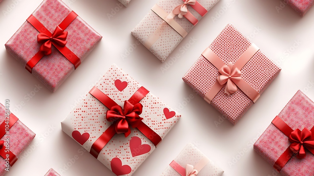 Seamless pattern of gift boxes with heart-patterned wrapping, realistic style, red and pink colors, soft shadows on a white background, elegant and romantic feel, hd quality, high contrast, Seamless pattern of gift boxes with heart-patterned wrapping, realistic style, red and pink colors, soft shadows on a white background, elegant and romantic feel, hd quality, high contrast,