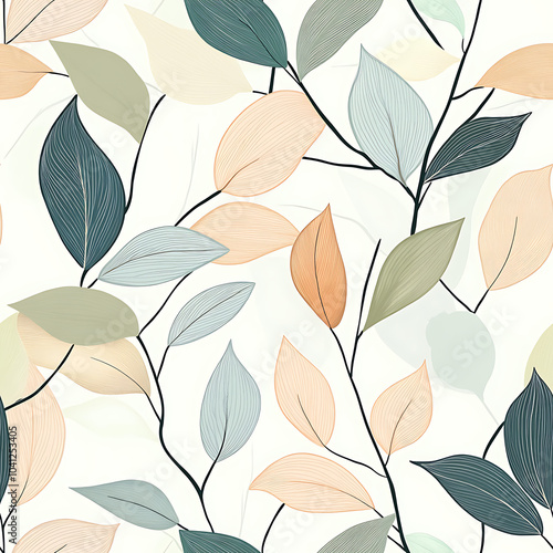 Seamless Pattern of Leaves on a White Background, Folk Art Inspired Design, Ideal for Autumn Decor, Textiles, and Seasonal Projects, Perfect for Fall Celebrations.