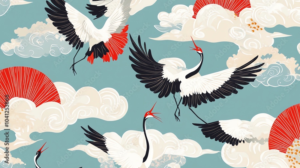Fototapeta premium A seamless pattern featuring Japanese cranes flying through the clouds with a red sun in the background.