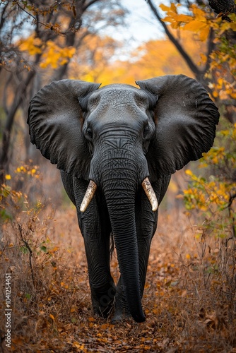 Elephant Walking Through Autumnal Forest photo