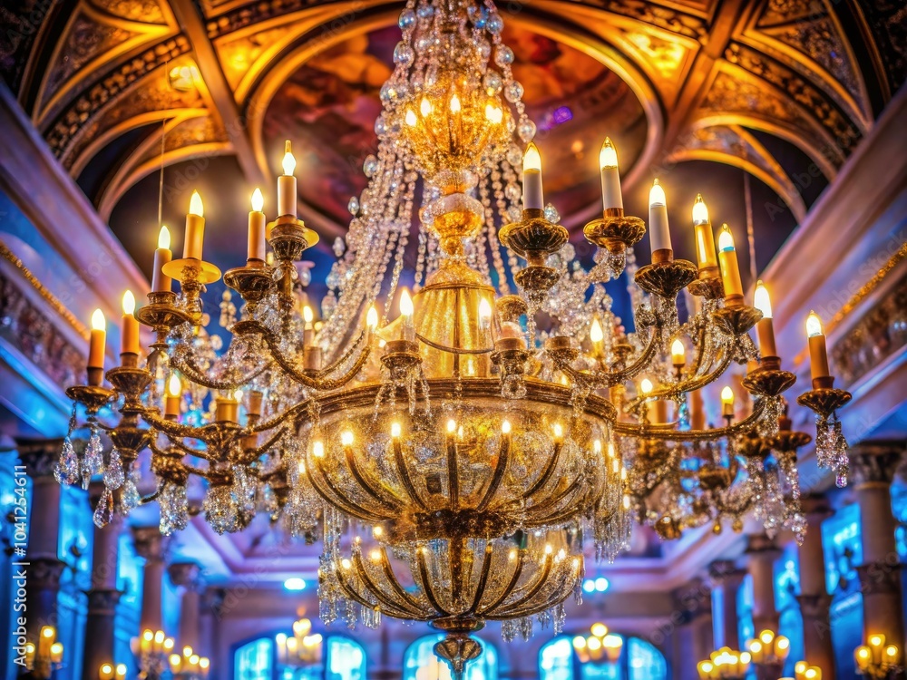 Obraz premium Elegant Crystal Chandelier Installation for Gala Night - Stunning Architectural Photography