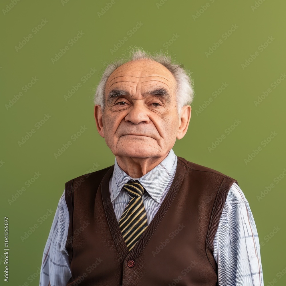 Portrait of a tenacious senior man in his late 60s with a receding hairline, wearing a striped shirt and tie in front of a green background Portrait of a tenacious senior man in his late 60s with a receding hairline, wearing a striped shirt and tie in front of a green background