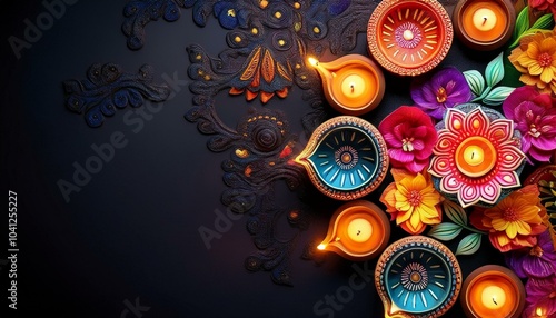 Happy Diwali - Clay Diya lamps lit during Dipavali, Hindu festival of lights celebration. Colorful traditional oil lamp diya photo