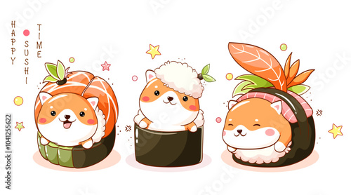 Kawaii Shiba inu and sushi. Cute akita inu puppy playing with sushi. Little dog with rolls. Can be used for t-shirt print, sticker, greeting card, menu design. Vector illustration EPS8