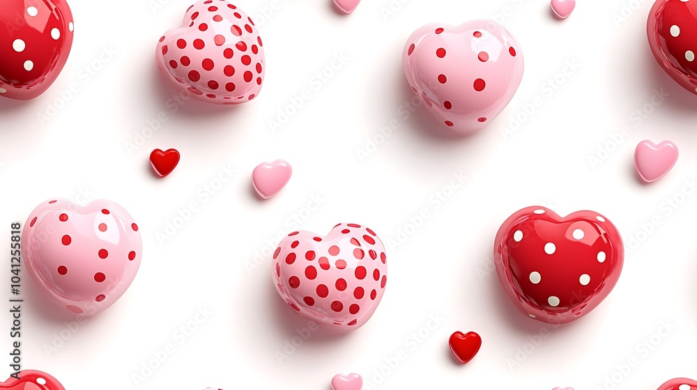 Seamless pattern of pink and red polka dots with heart accents, realistic style, soft shadows on a white background, playful and cheerful feel, hd quality, high contrast, repeating arrangement. Seamless pattern of pink and red polka dots with heart accents, realistic style, soft shadows on a white background, playful and cheerful feel, hd quality, high contrast, repeating arrangement.