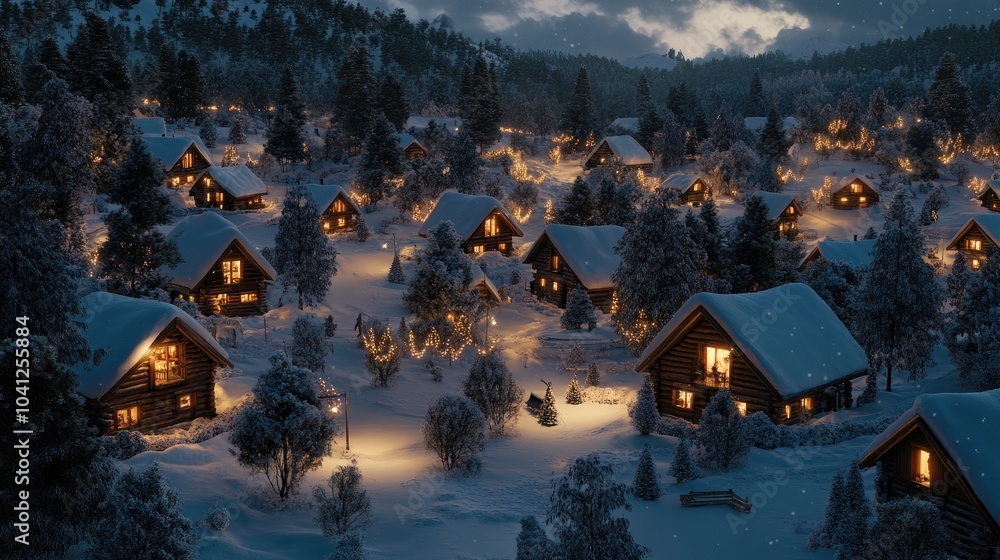 Fototapeta premium Cozy Winter Cabins Surrounded by Snowy Landscape