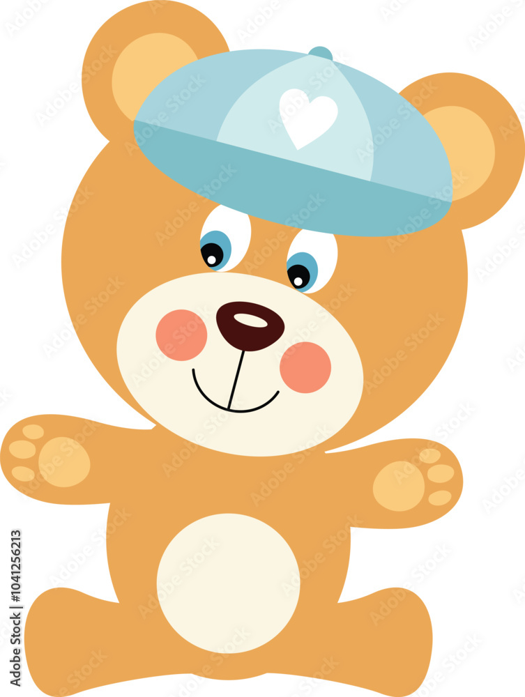 Baby boy teddy bear sitting with a blue hat on head Baby boy teddy bear sitting with a blue hat on head