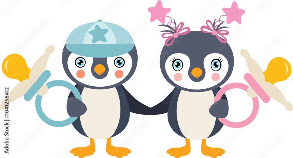 Fototapeta premium Pink and blue baby penguin holding a baby pacifier