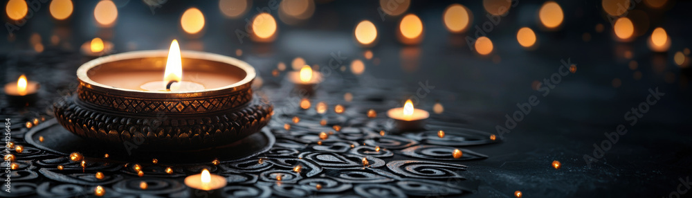 A beautifully lit candle surrounded by intricate patterns and warm glows, creating a serene and peaceful ambiance. A beautifully lit candle surrounded by intricate patterns and warm glows, creating a serene and peaceful ambiance.