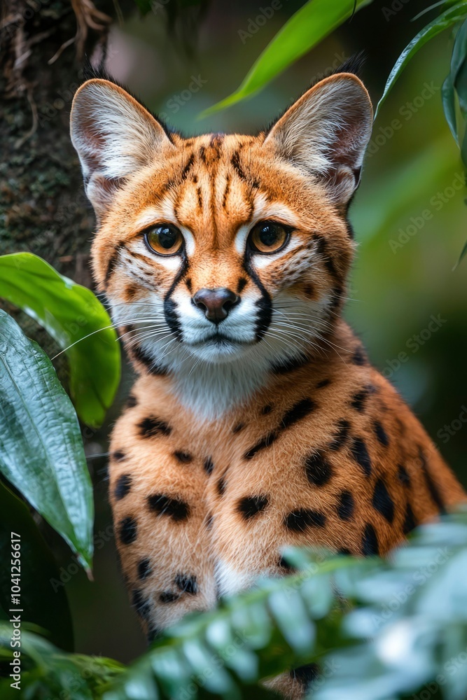 A Close-Up Portrait of a Serval Cat Amidst Lush Green Foliage A Close-Up Portrait of a Serval Cat Amidst Lush Green Foliage