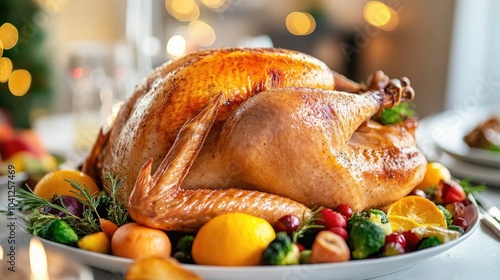 Golden Brown Turkey on Platter with Festive Decor photo