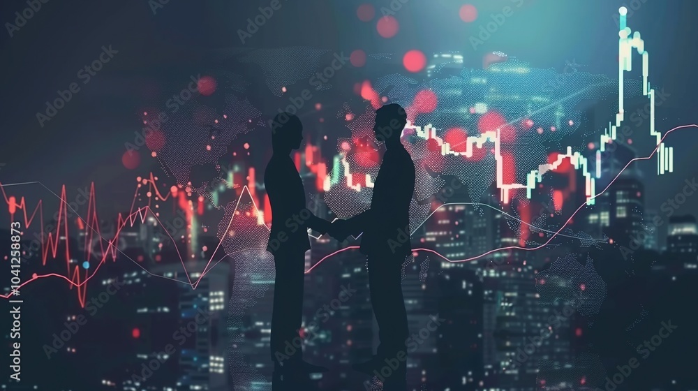 Obraz premium business man shaking hands with effect global network link connection and graph chart of stock market graphic diagram, digital technology, internet communication, teamwork, partnership concept