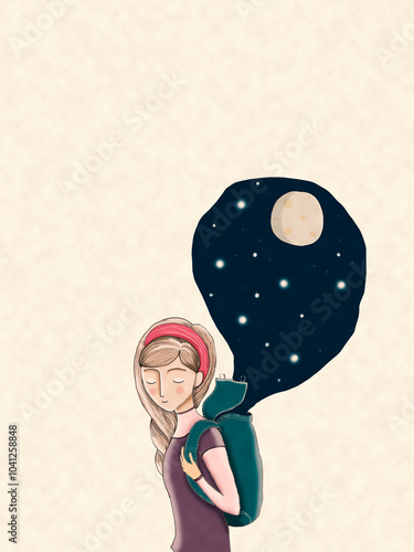 Girl Carrying a Backpack with a Night Sky and Moon