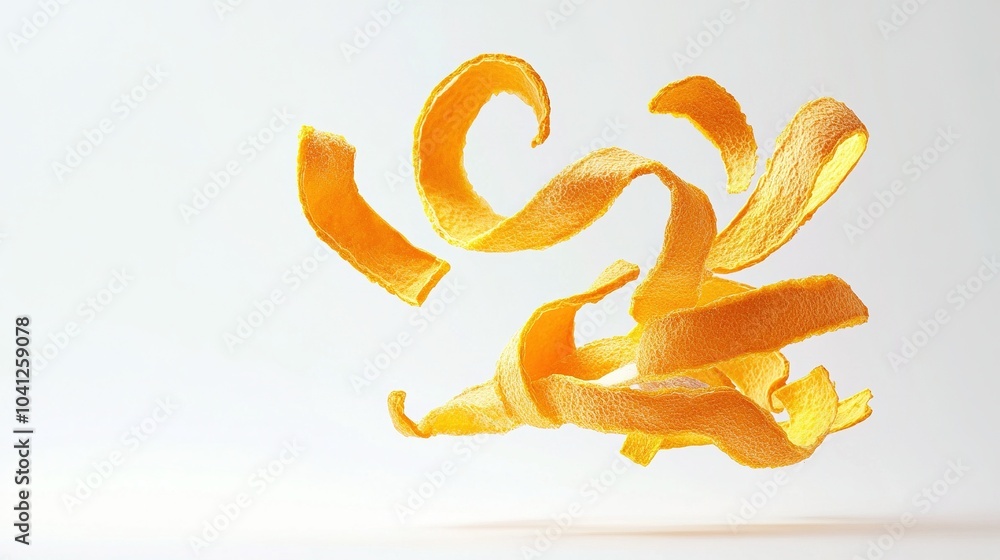 Dried orange peel on the air , curly dried orange peel on the air isolated on white backgroun Dried orange peel on the air , curly dried orange peel on the air isolated on white backgroun