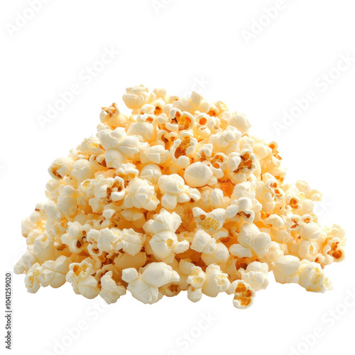 Buttered Popcorn Pile on White Background, a tempting arrangement of fluffy, golden popcorn kernels ready for enjoyment, ideal for snacking or movie nights