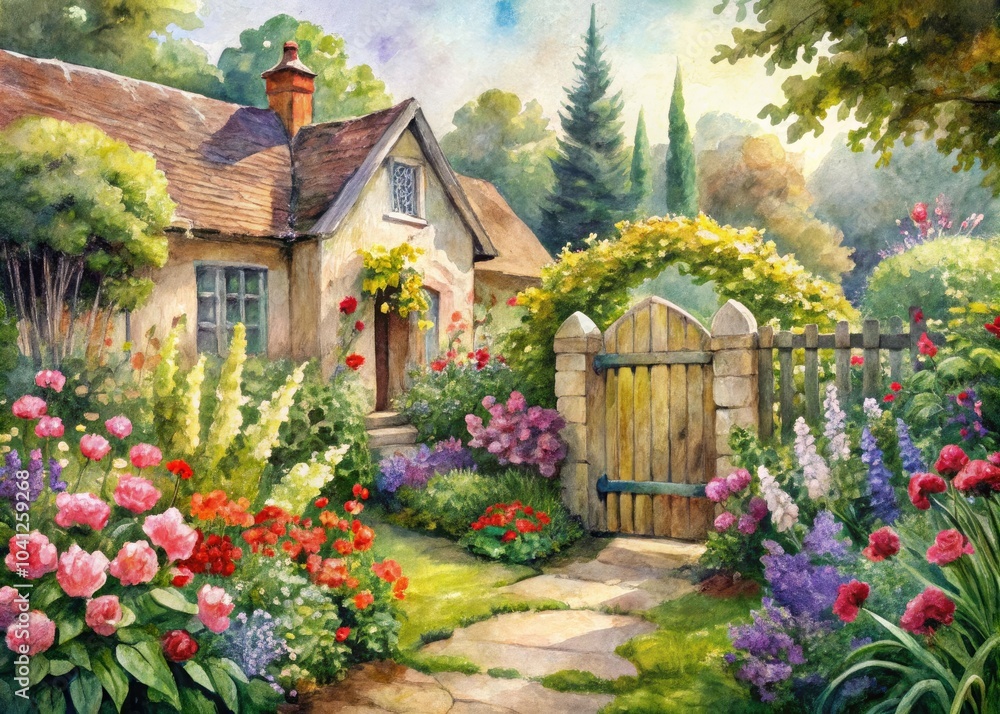 Fototapeta premium English Cottage Garden Watercolor Pathway - Vintage Style Photography