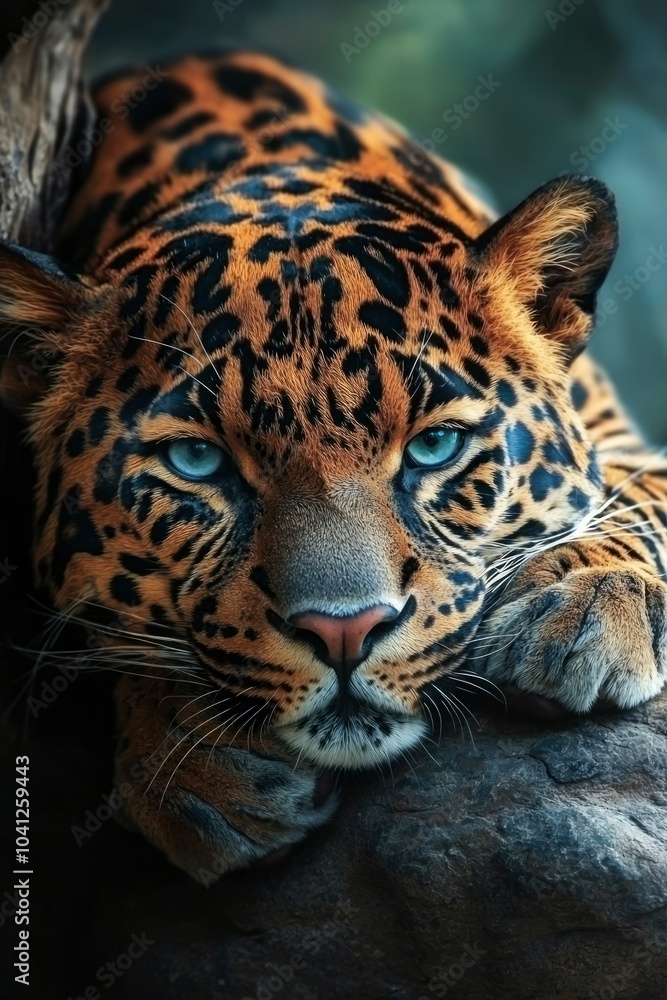 Obraz premium Close-up of a Leopard's Face with Blue Eyes and a Pink Nose