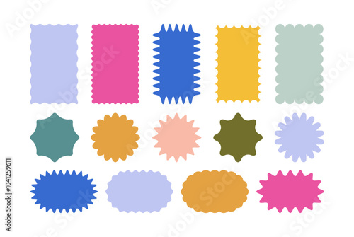Set of zigzag and wavy edge stickers in rectangle, oval and circle shapes. Vector jagged geometric designs. Abstract elements perfect for frames, stamps, templates, promotional materials, web design
