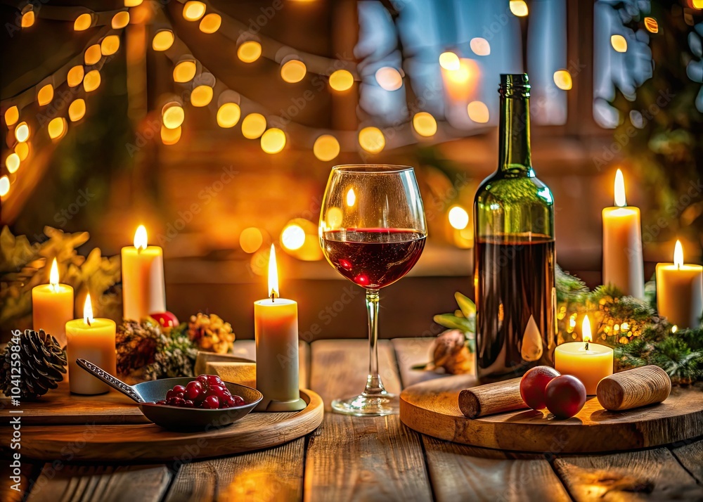 Escape to a cozy wine evening with a bottle and glass resting on a wooden table, enveloped by warm light and the gentle glow of candles. Escape to a cozy wine evening with a bottle and glass resting on a wooden table, enveloped by warm light and the gentle glow of candles.