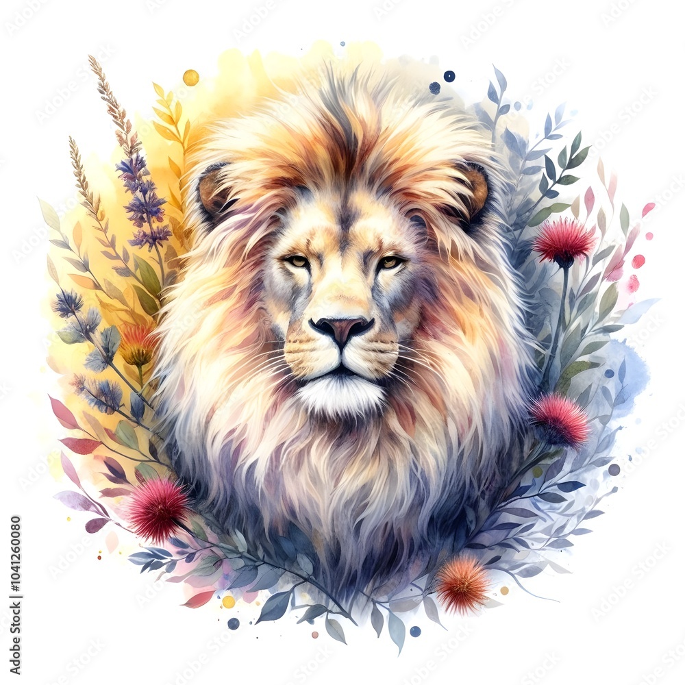 Fototapeta premium lion family digital painting watercolor oil painting drawing illustration, white background, lion male female baby
