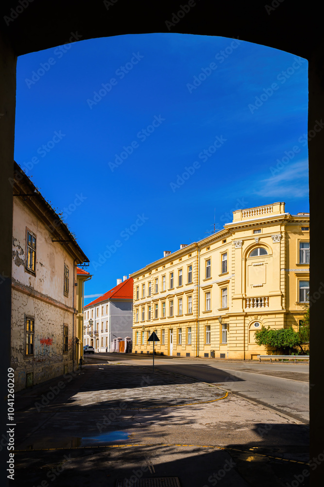Obraz premium Distinctive architecture of Petrovaradin old downtown, historic town is now a part of the city of Novi Sad in the Serbian province of Vojvodina