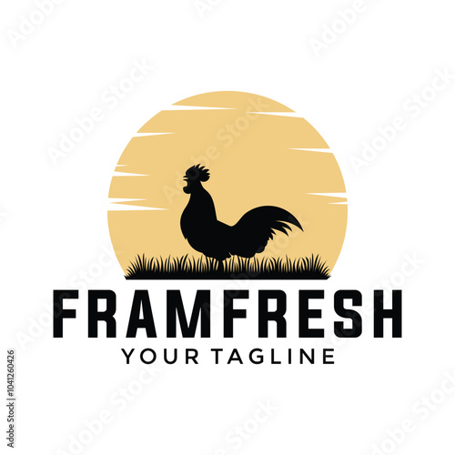 chicken farm logo design, rooster on fence vintage logo design vector illustration