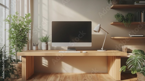 Modern and stylish home office with desktop computer and lamp. A perfect workspace for productivity and creativity