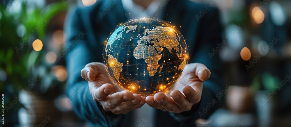 Fototapeta premium Closeup of a person's hands holding a glowing digital globe, representing global connection.