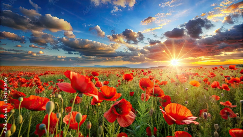 Fototapeta premium Experience a stunning loop of vibrant poppy fields, perfect for nature lovers seeking relaxation. Immerse yourself in calming visuals that inspire tranquility and peace.