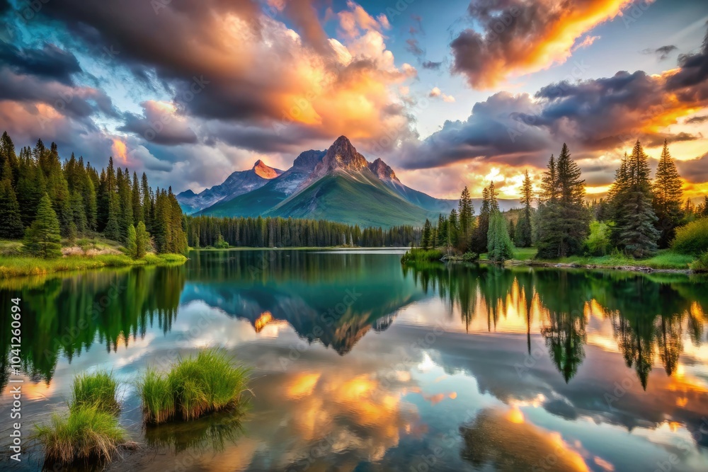 Fototapeta premium Experience breathtaking mountain landscapes at sunset, enhanced by long exposure photography, revealing mesmerizing scenic views that inspire a deep connection with nature's grandeur.