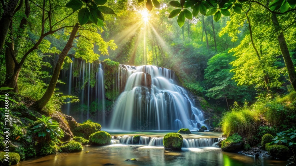 Fototapeta premium Experience nature's tranquility with a mesmerizing waterfall veiled by rich foliage, artistically highlighted in enchanting bokeh photography, perfect for all nature lovers.