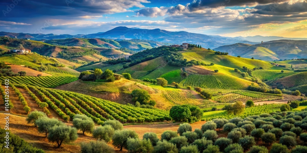 Fototapeta premium Experience the breathtaking beauty of Calabria, where rolling hills, olive groves, and vibrant Mediterranean scenery create a stunning landscape of natural wonder.