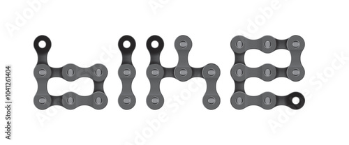 Vector word "BIKE" formed from individual links of a realistic bike chain on a white background.