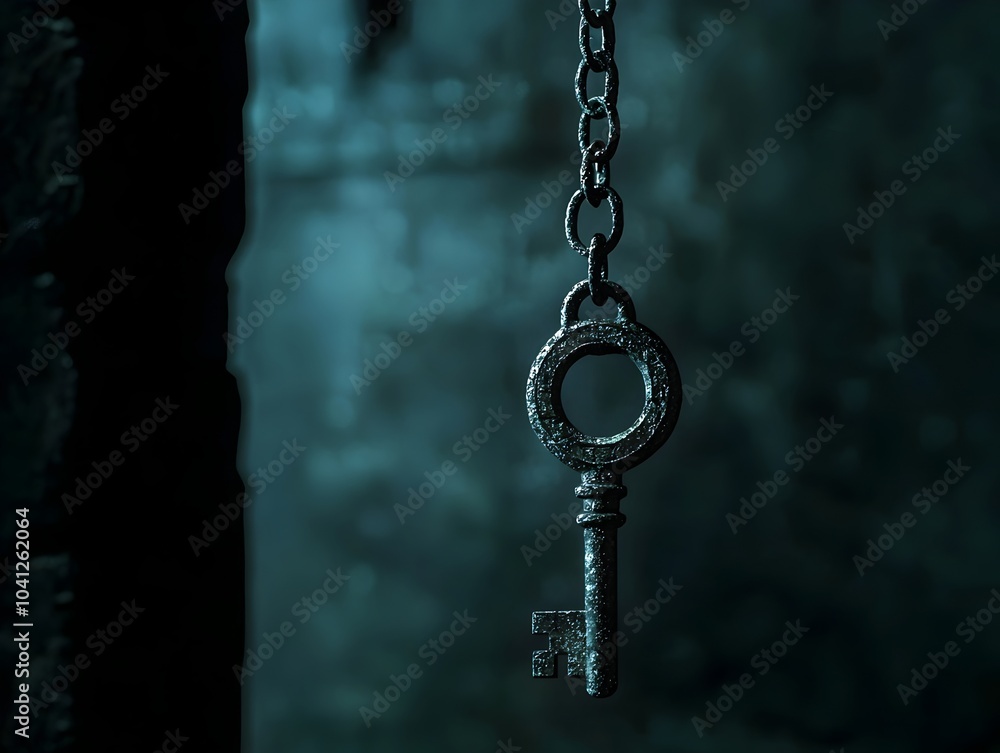 An Ancient Key Hanging from a Chain Emerging from the Shadows and Symbolizing Secrets and Mysteries An Ancient Key Hanging from a Chain Emerging from the Shadows and Symbolizing Secrets and Mysteries