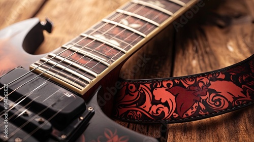 Close-up of a Red Electric Guitar with Intricate Strap Detail
