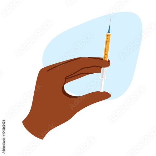 Dark skin hand holds syringe with cosmetic injection serum. Beauty care or vaccination