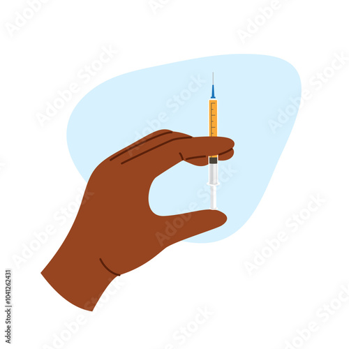 African skin tone hand preparing syringe with serum for cosmetic use. Beauty concept